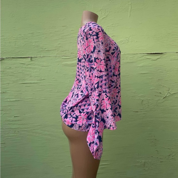 Lilly Pulitzer Pink and Blue Graphic Tie Front Blouse - Picture 3 of 6